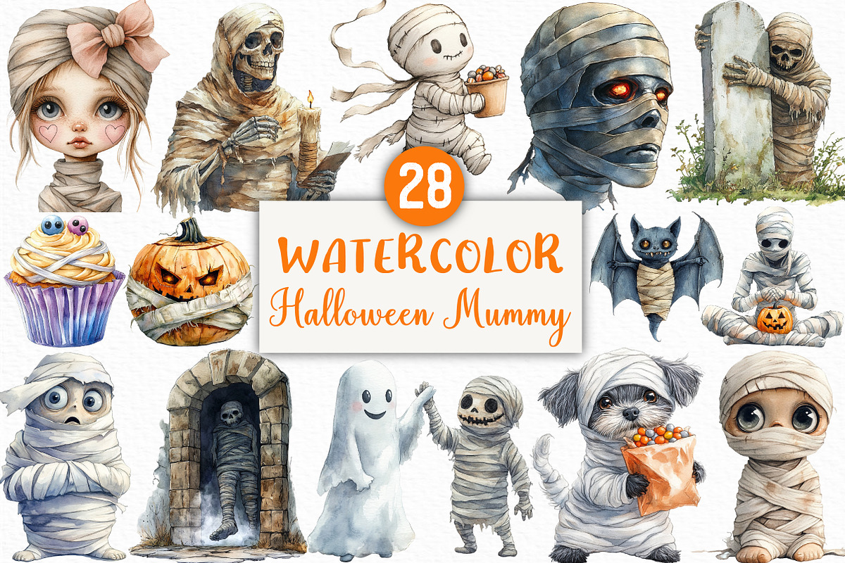 Watercolor Halloween Mummy Clipart, an Illustration by Craft Nest (Photo 1 of 6)