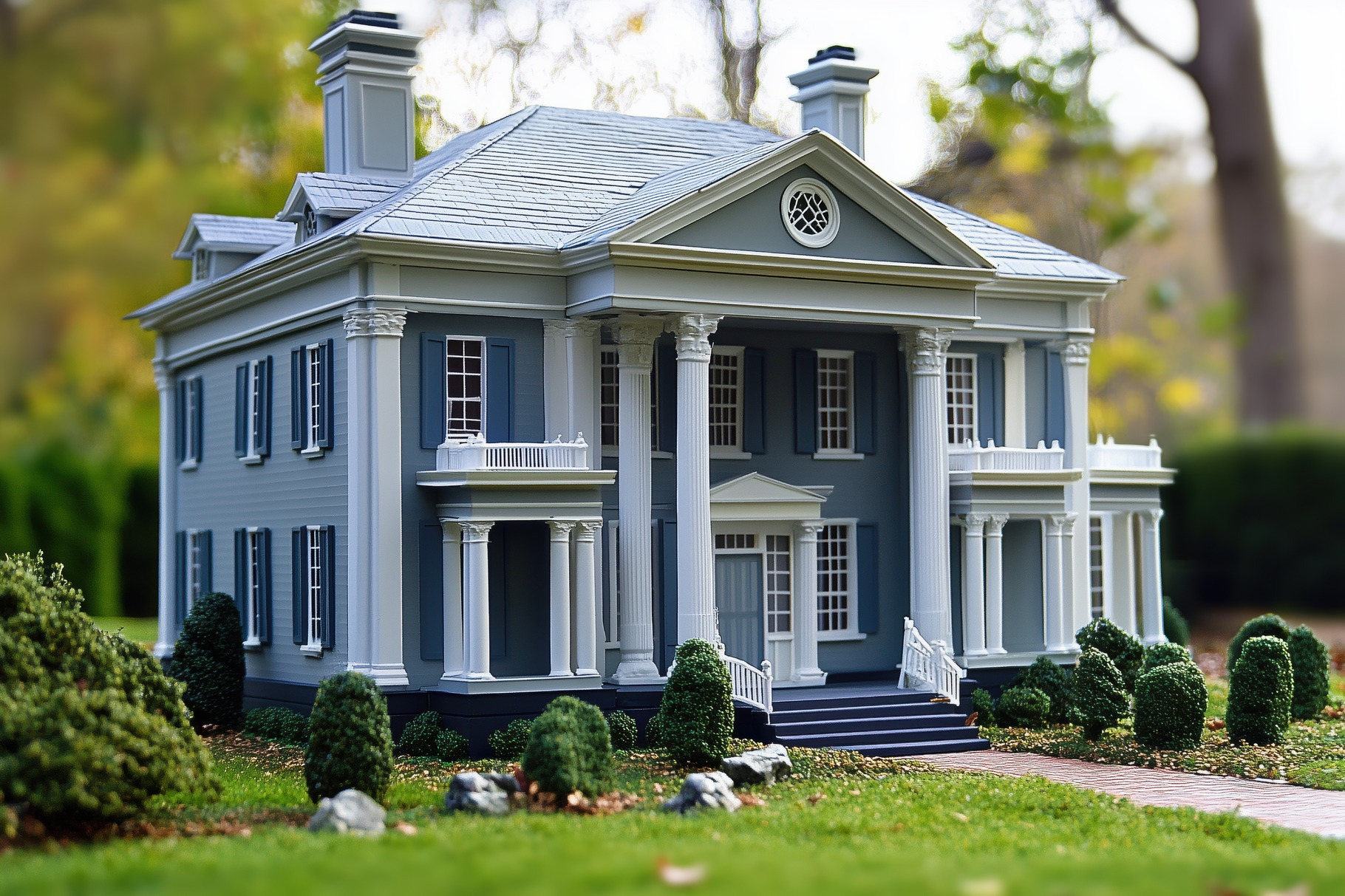 A detailed Colonial Revival house style model of a classic mansion with ...