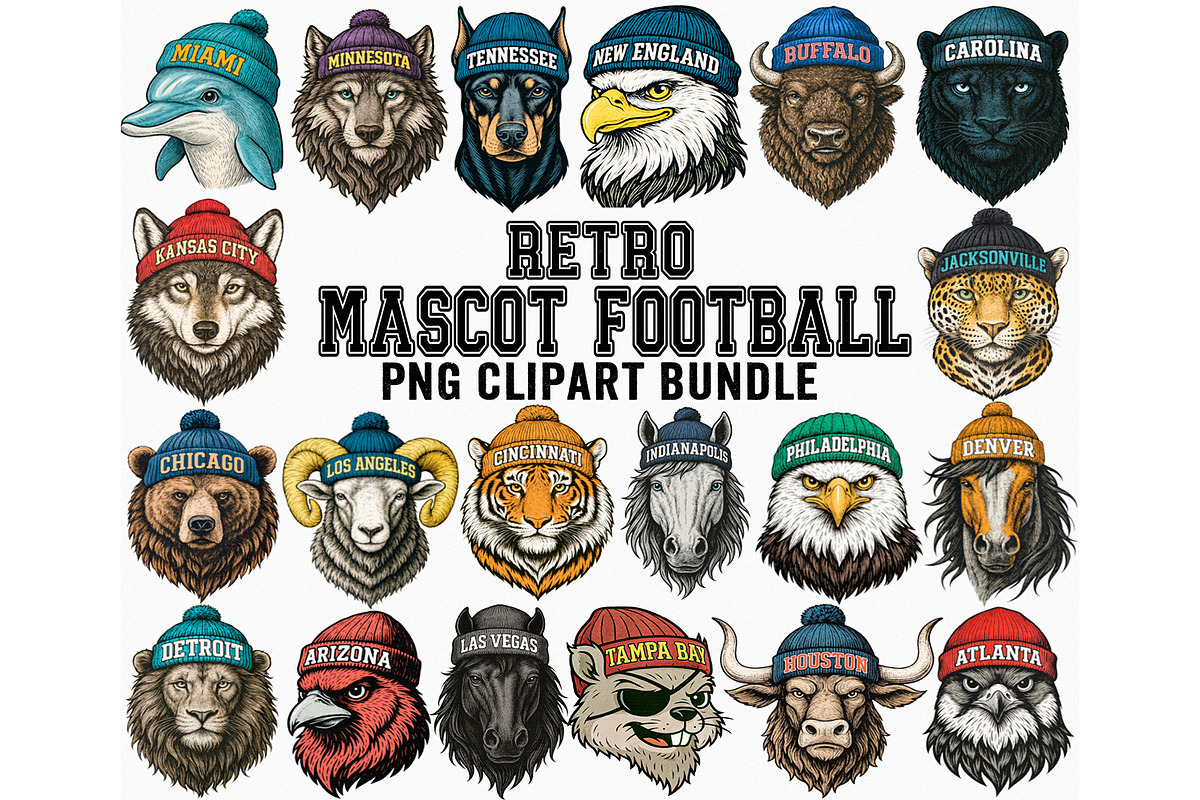 Retro Mascot Football png Bundle, an Object Graphic by RETROVIBZDESIGNS (Photo 1 of 7)
