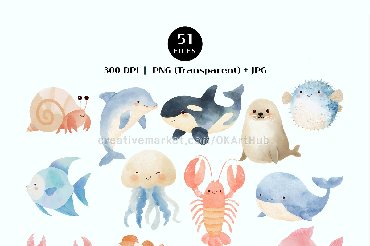 Under the Sea Watercolor Clipart Set, a Decorative Illustration by OKArtHub (Photo 3 of 7)