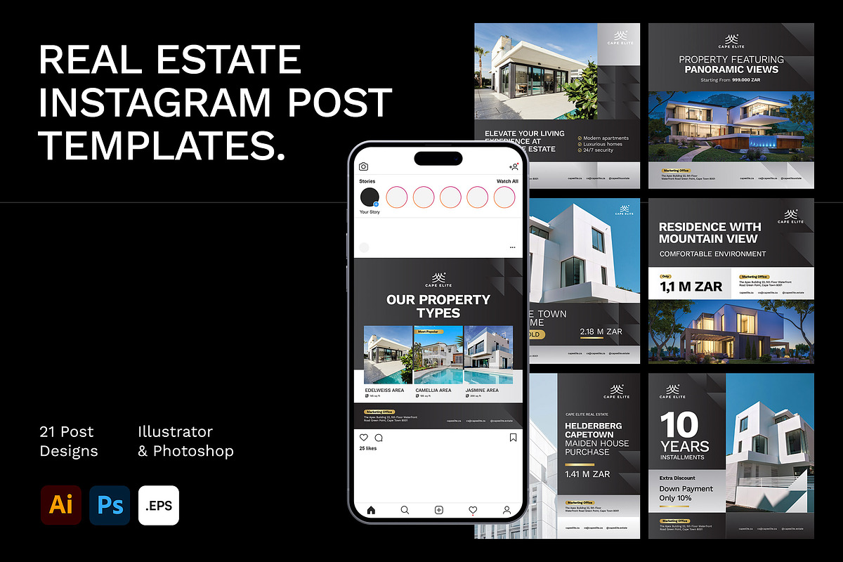 Real Estate Instagram Post Templates, a Social Media Template by Bornx Design (Photo 1 of 7)