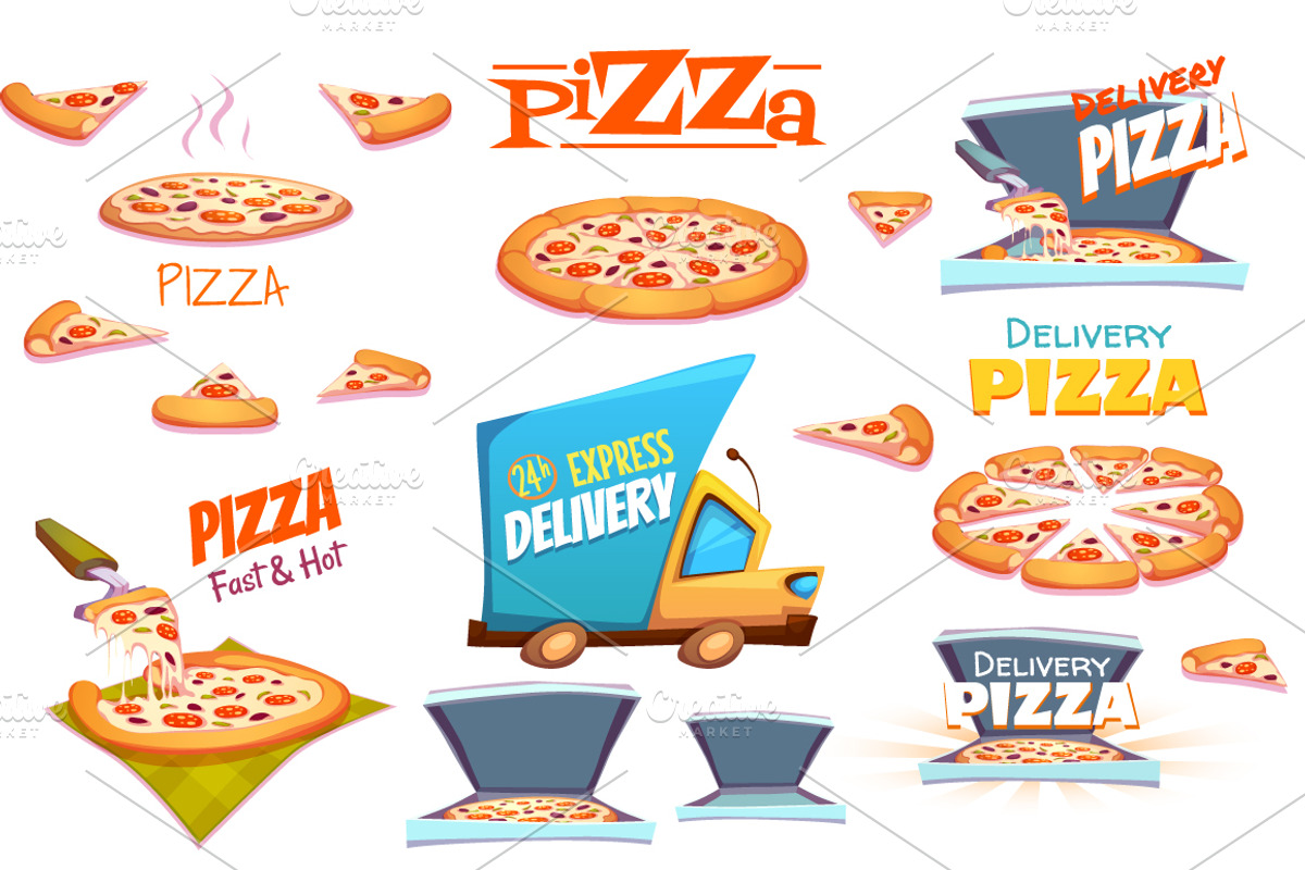 Vector set of Pizza design elements, a Food Illustration by Cattleya (Photo 2 of 4)
