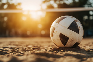 Volleyball resting on sandy beach at sunset with warm golden light, a Sports & Recreation Photo by AlyaAnd