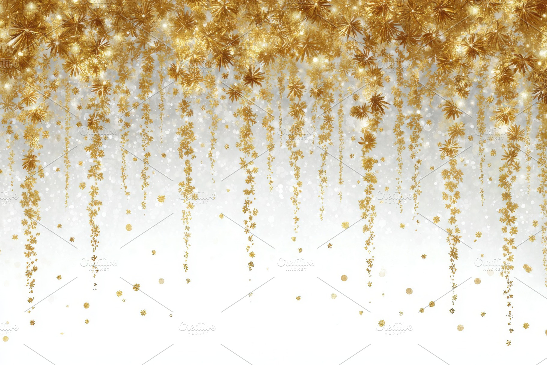 Golden snowflakes falling on a white, a Photo by Pixeness Studio