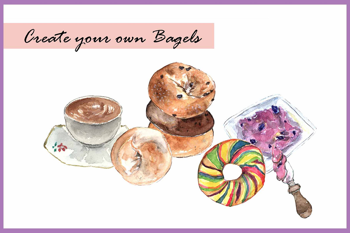 Bagels & Coffee-Watercolor Clipart, a Food Illustration by VianneArt (Photo 5 of 6)