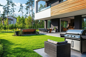 Backyard barbecue area with grill, seating, and lush green lawn in tranquil set, a Photo by AlyaAnd