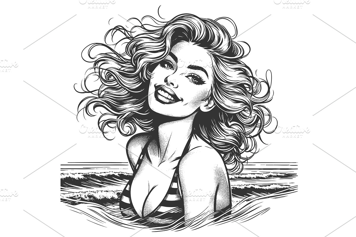 Smiling woman swimming in striped, a Person Illustration by AlexArt