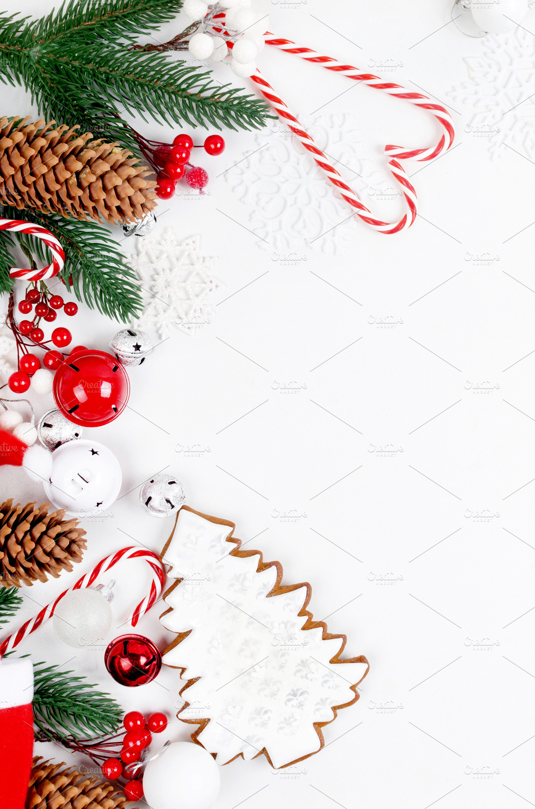 christmas background with gingerbread cookies, fir branches, Chr, a Holiday Photo by vimart