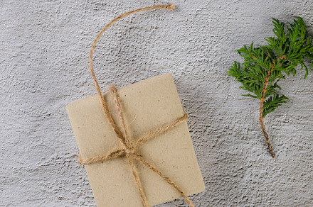 Christmas still life. Xmas Gift in craft paper with pine cones,, a Holiday Photo by vimart