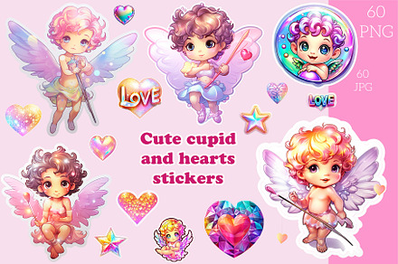 Cute cupids and hearts stickers