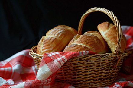 Fresh baked bread in basket on black background, a Food & Drink Photo by AlyaAnd