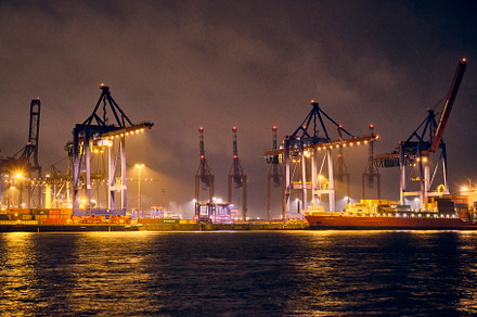 Harbor at night in Hamburg, Germany