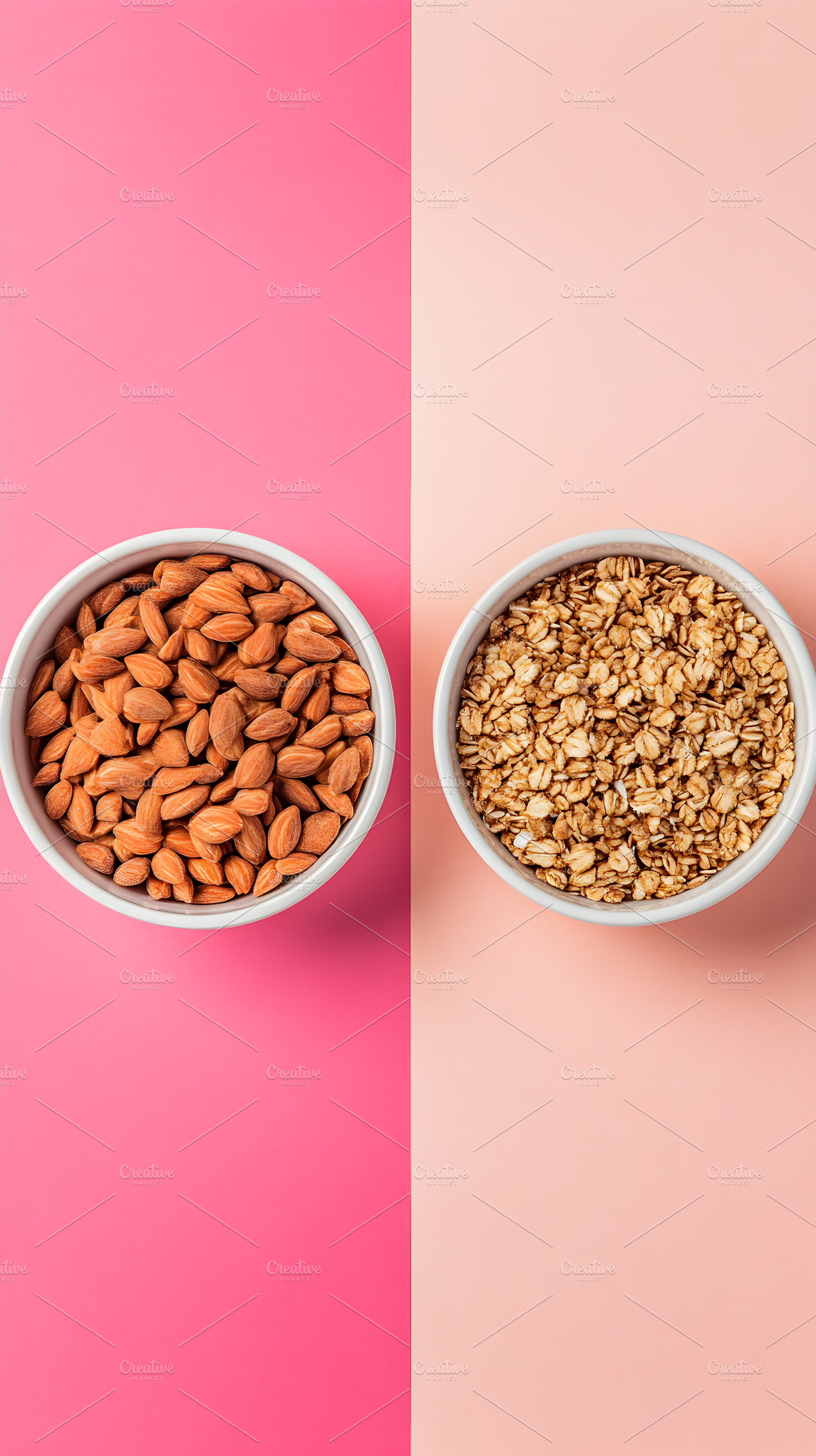 Almonds and granola in bowls on colo, a Food & Drink Photo by Photostock