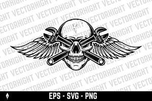 Winged human skull with wrench, a Person Illustration by Vectorhight