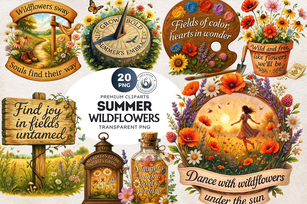 Summer Wildflower & Meadows Cliparts, a Seasonal Illustration by ThatsDesignArt (Photo 1 of 10)
