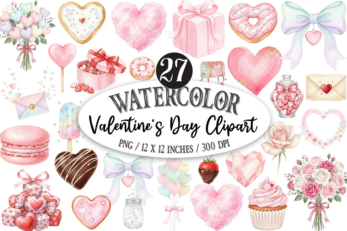 Watercolor Valentine's Day Clipart, an Illustration by Designking (Photo 1 of 5)