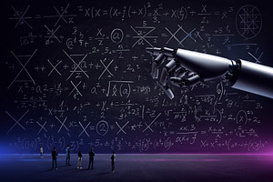 Robotic hand solving complex mathematical equations, a Technology Photo by DanFLCreativo