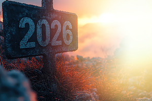 Weathered 2026 signpost on frosty ground at sunrise with glowing, a Background Photo by José Manuel Gelpi