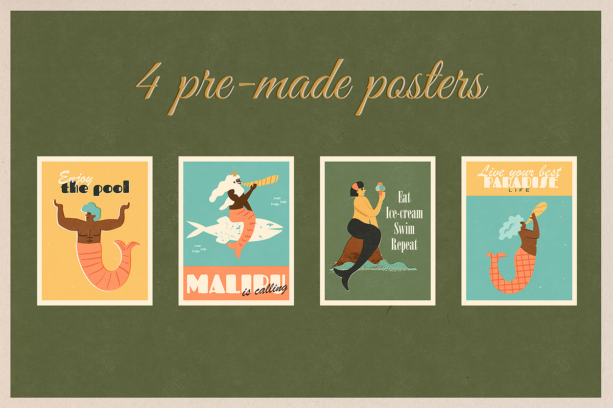Retro Mermaids clipart and patterns, a Person Illustration by Paper Cherry (Photo 6 of 18)