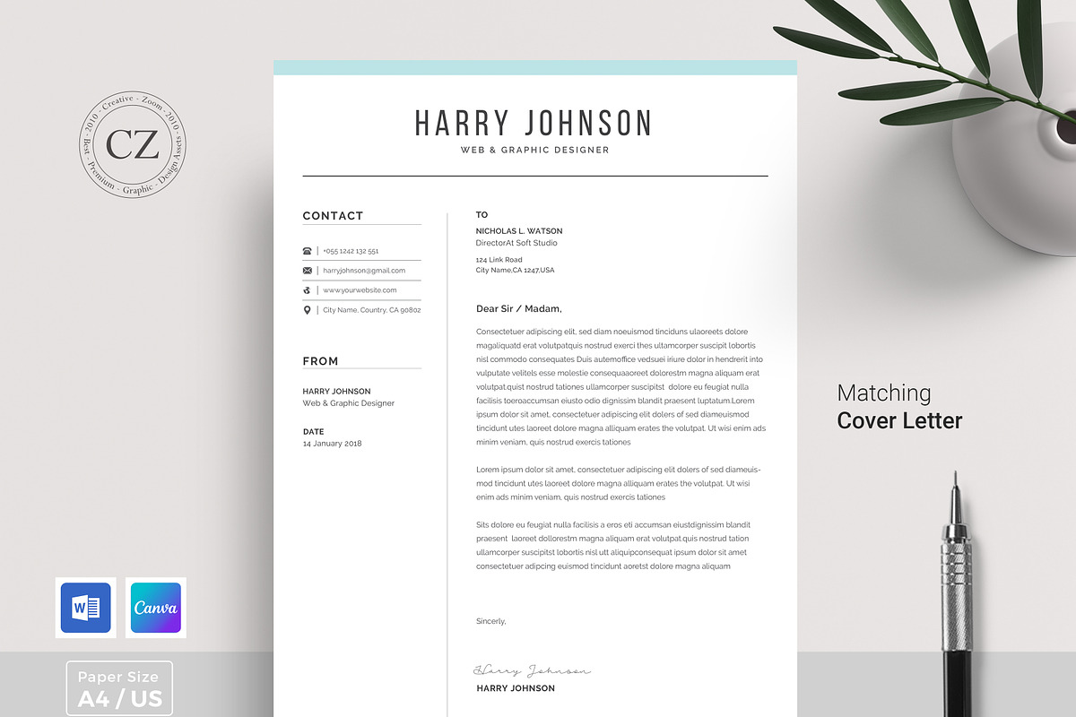 Resume/CV Template | Canva & Word, a Resume Template by CreativeZoom (Photo 3 of 9)