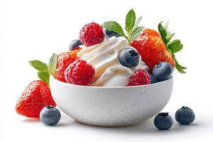 Bowl of mixed berries with whipped cream, a Food & Drink Photo by AlyaAnd