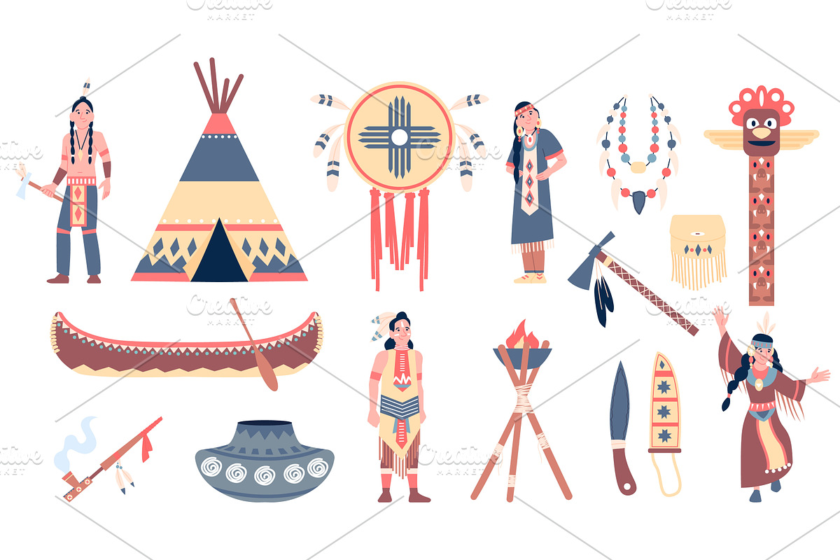 Flat american indian items, an Illustration by LadadikArt