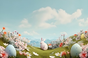 Cute fluffy Easter bunny with Easter colorful eggs in green spri, a Holiday Photo by Mashimara