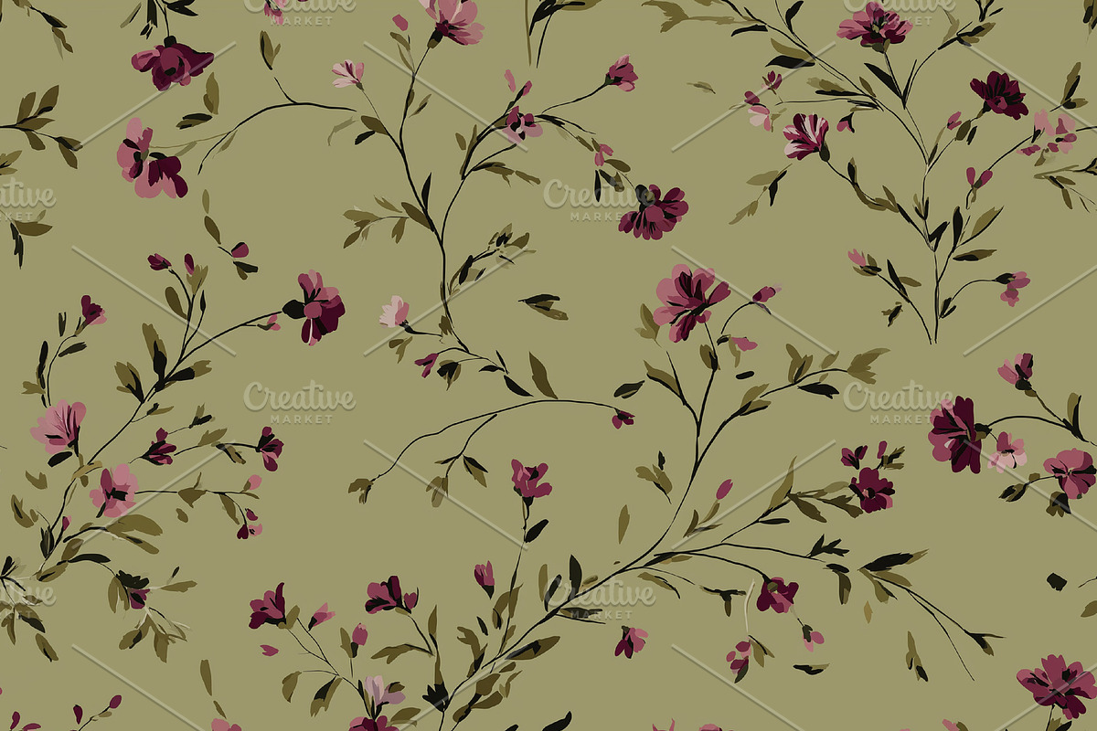 Dainty floral seamless pattern with blooming small burgundy and, a Pattern Graphic by Studio ANNA