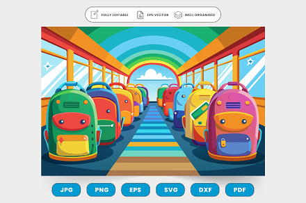 A cartoon train with colorful backpa