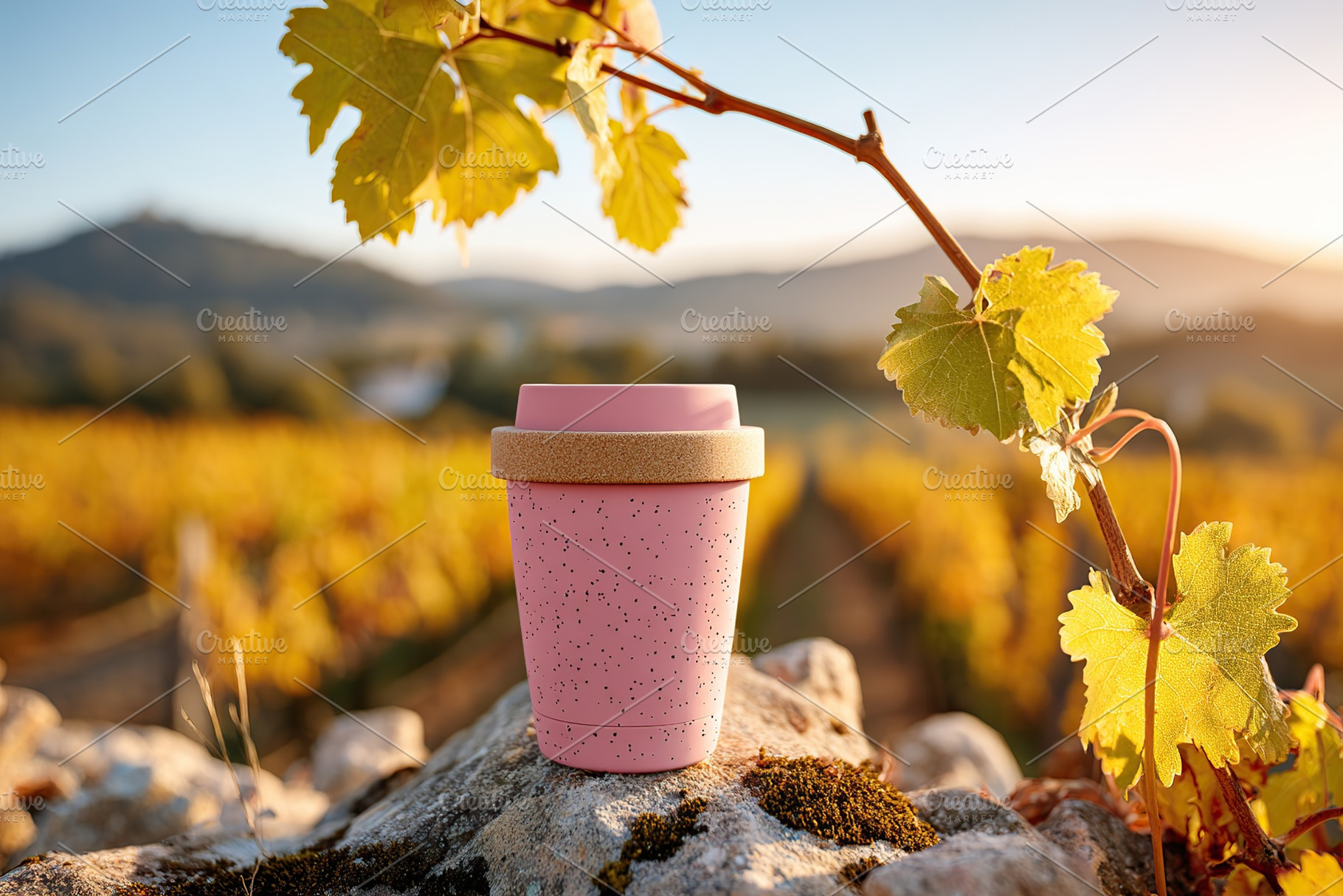 Coffee cup mockup resting on a stone step in a vineyard at sunset, a Food & Drink Photo by AlyaAnd