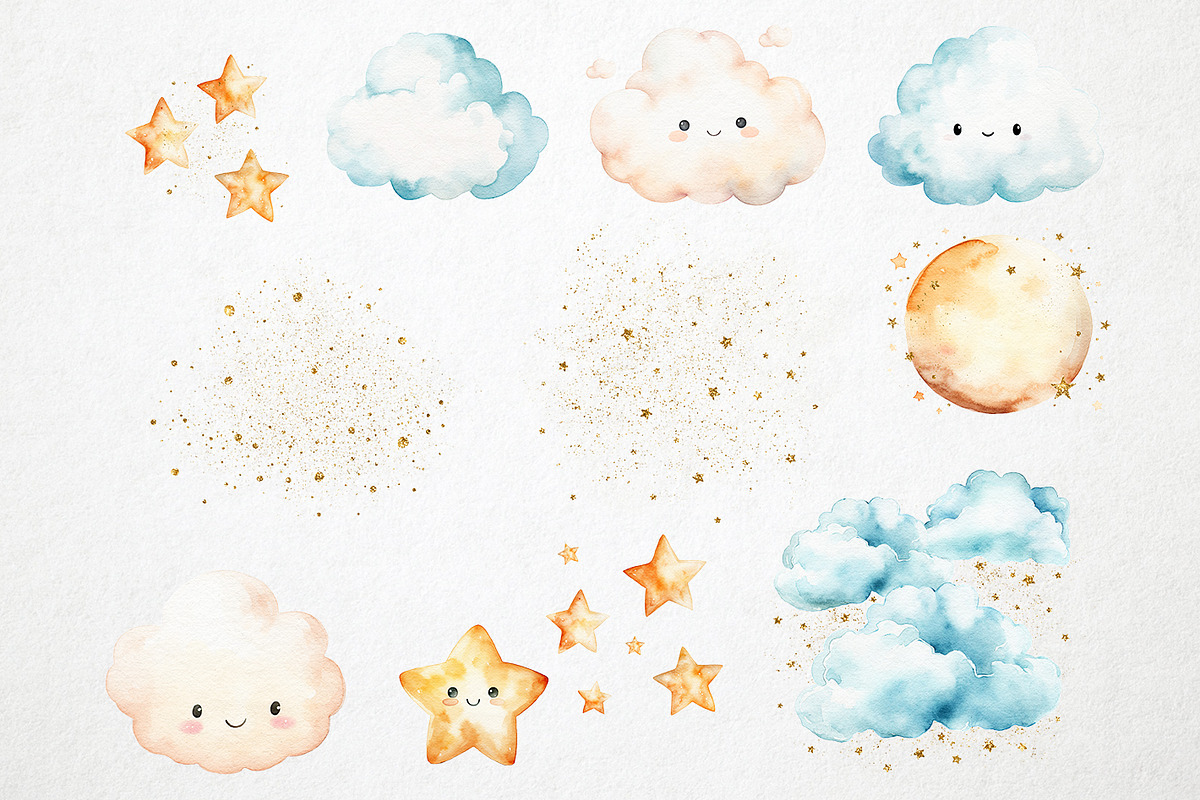 Watercolor moon stars & clouds, PNG, an Object Illustration by PixelJungle (Photo 4 of 4)