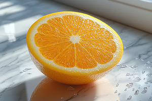 Freshly cut orange half resting on a, a Photo by Tanuart