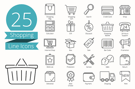25 Shopping Line Icons, an Outline Icon by PixMarket