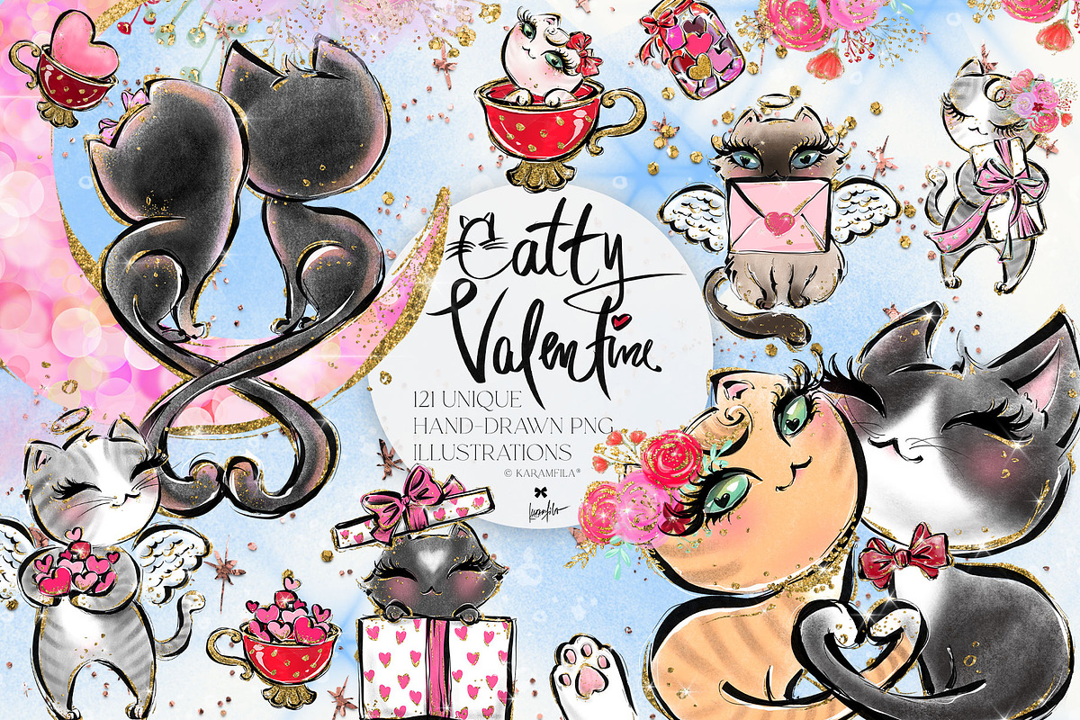 Valentine Cats Glitter Clipart PNG, an Animal Illustration by KaramfilaS (Photo 1 of 14)