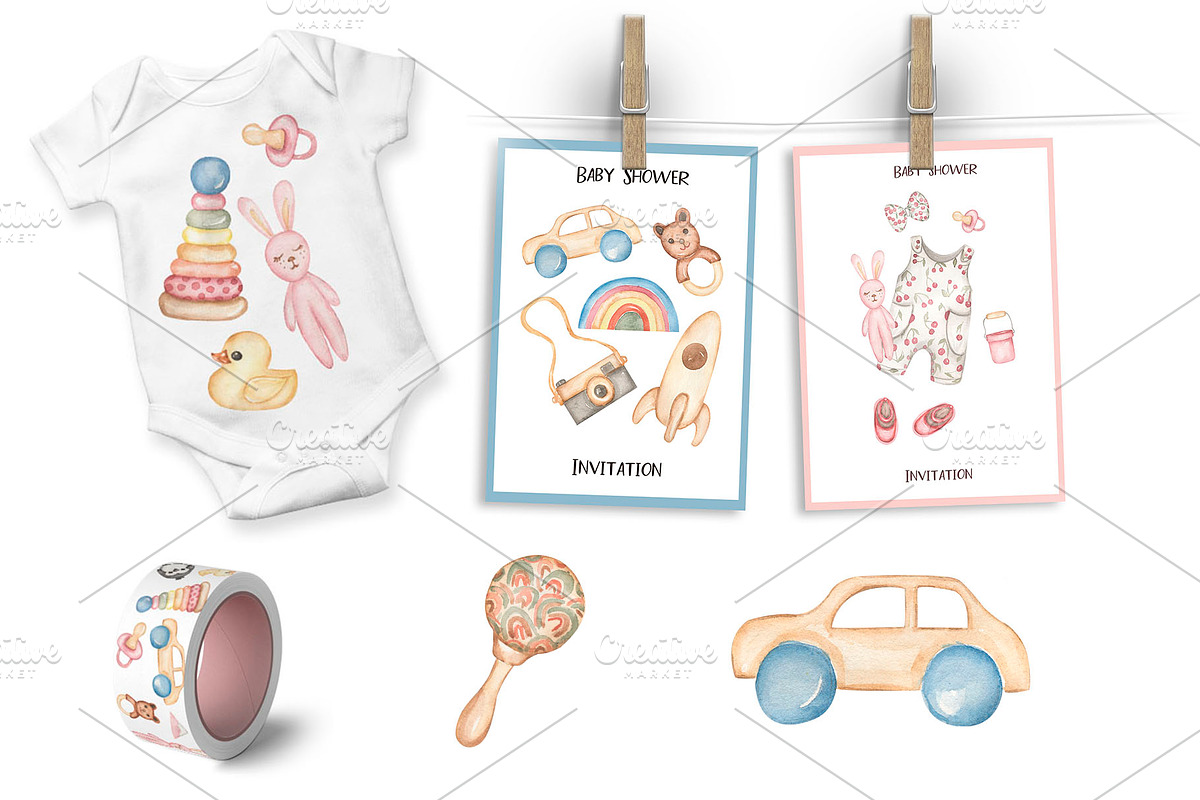 Watercolor Kids Toys & Clothes, an Object Illustration by MayaNavits (Photo 12 of 17)