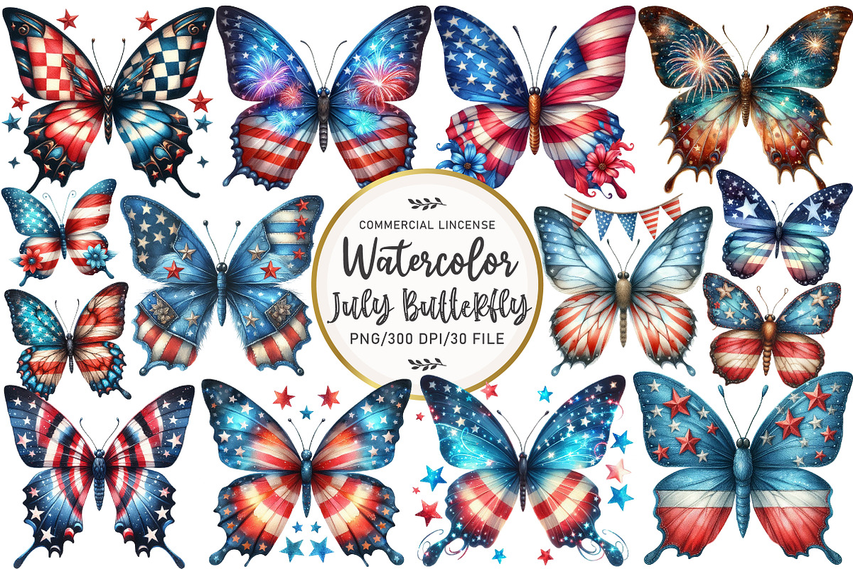 4th Of July Butterfly Clipart, an Illustration by OK Design (Photo 1 of 5)