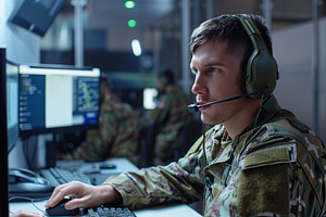 Military support gives commands and instructions using headset, a Technology Photo by AlyaAnd