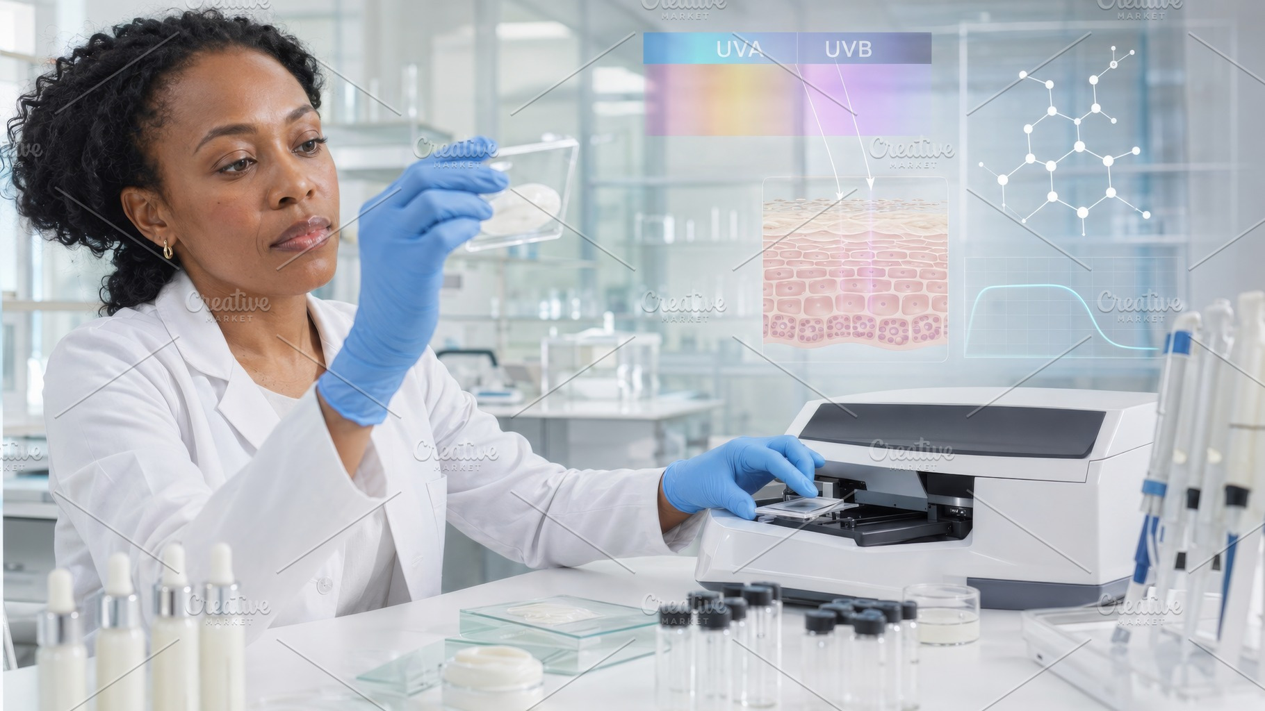 Scientist analyzing sunscreen effect, a Photo by Dvoevnore photos