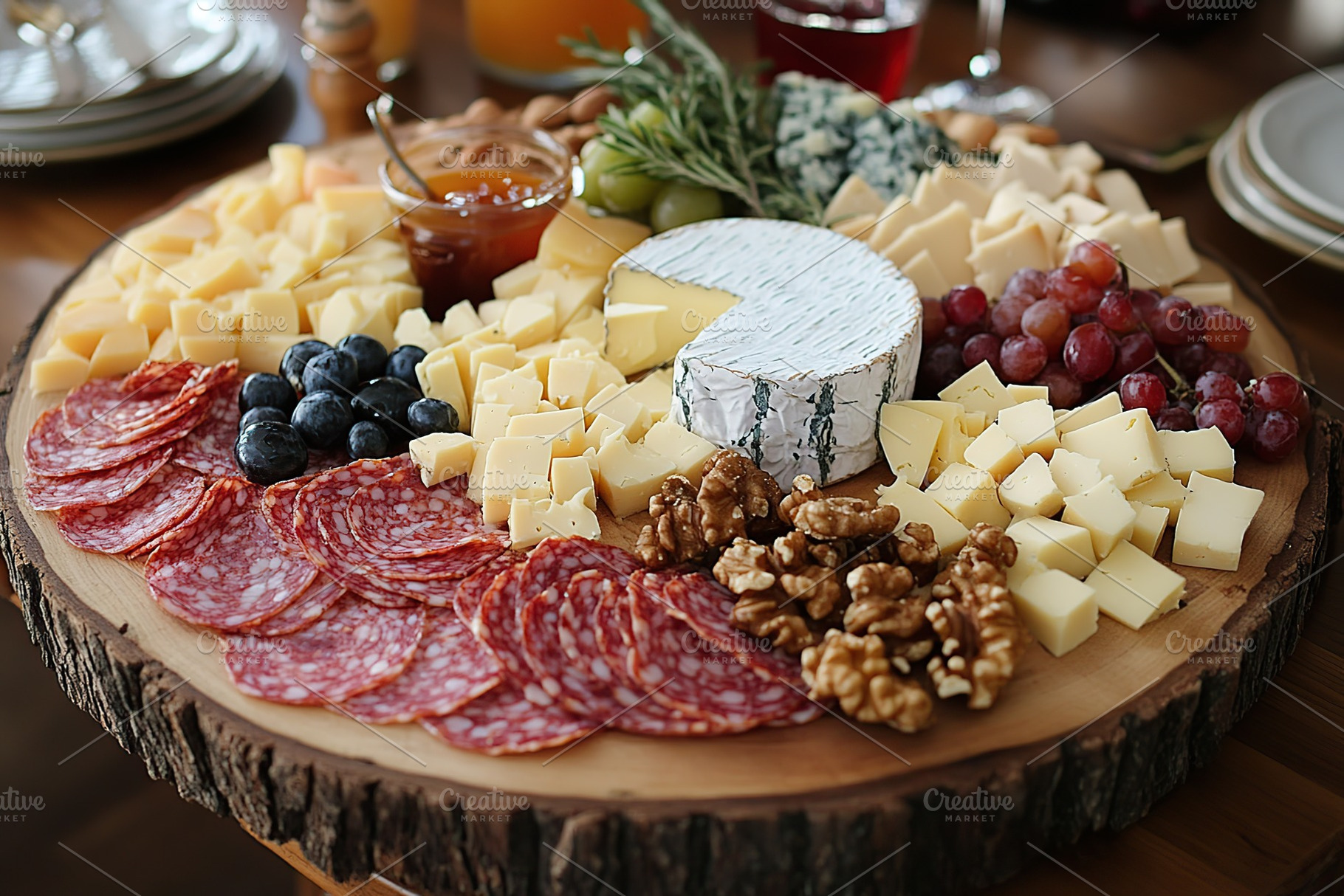 Delicious cheese and charcuterie platter featuring brie, cheddar, blue cheese,, a Food & Drink Photo by AlyaAnd