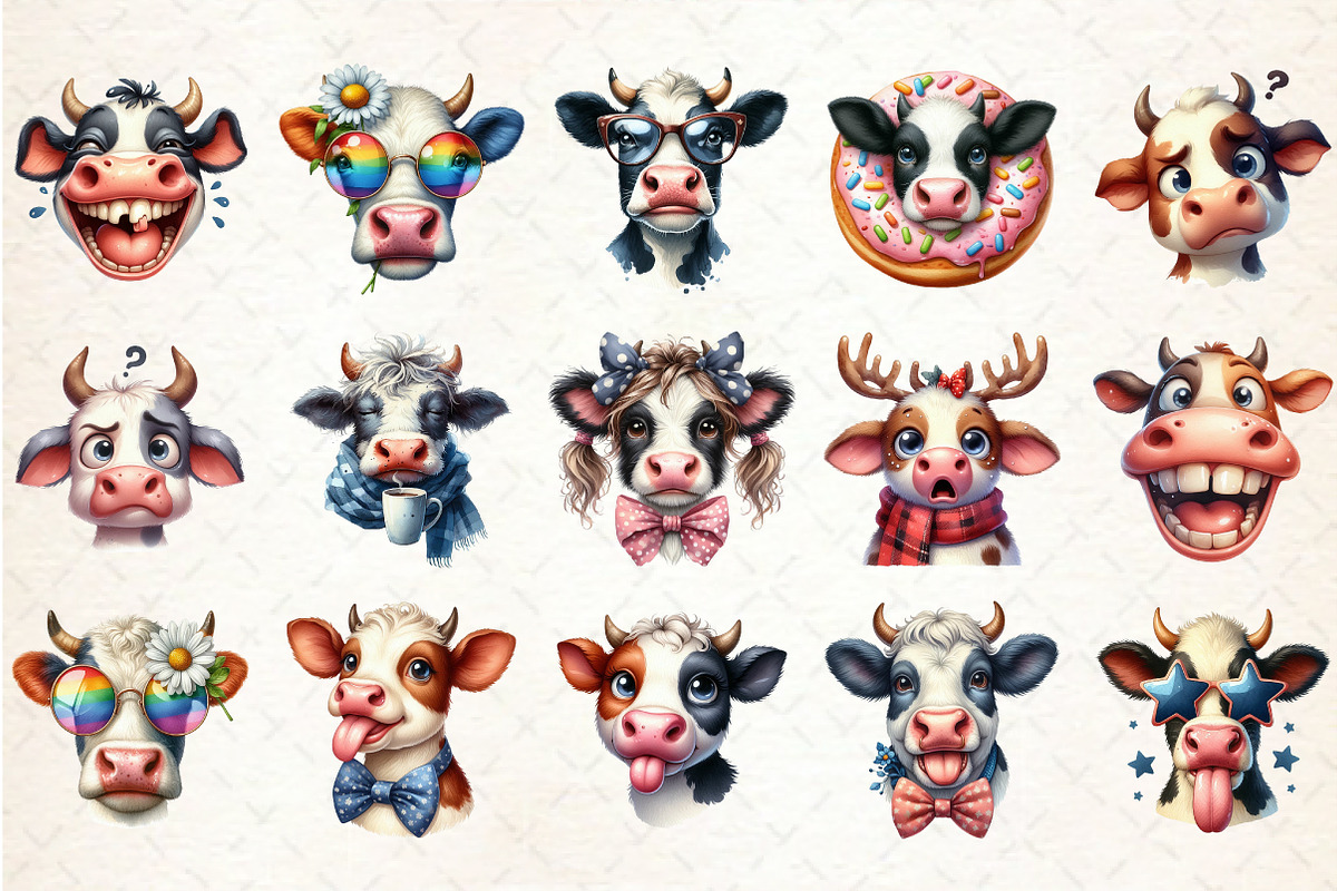 Funny Quirky Cow Faces Clipart, an Animal Illustration by Rose Art (Photo 2 of 7)