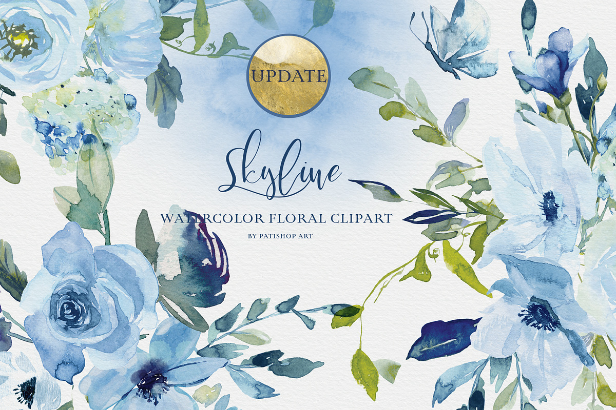 Watercolor Blue Florals Clipart Set, a Decorative Illustration by Patishop Art (Photo 2 of 14)