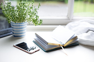 Phone and book at window
