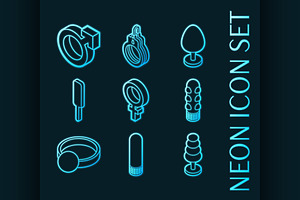 Sex shop set icons. Blue glowing
