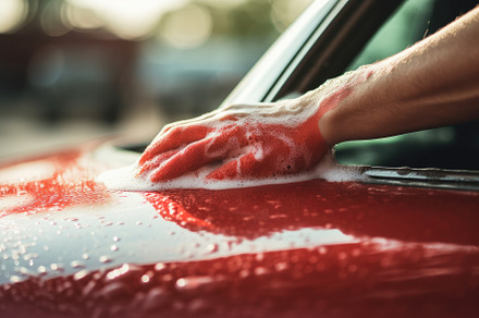 Close-up of a man washing a red car, a Photo by Iftikhar Alam