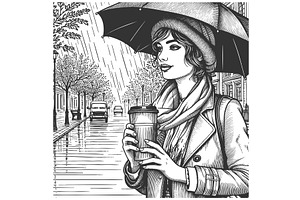 Woman with Umbrella Drinking Coffee, a Person Illustration by AlexArt