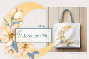 Watercolor Floral Moon PNG