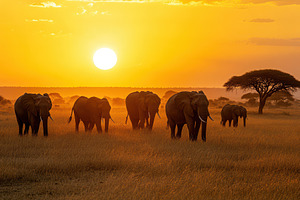 A serene scene of elephants walking, a Photo by Pavel_design