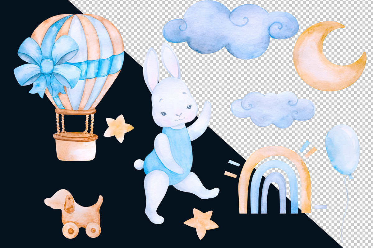 Nursery boy clipart, baby bunny, a Decorative Illustration by EshaStudio (Photo 3 of 3)