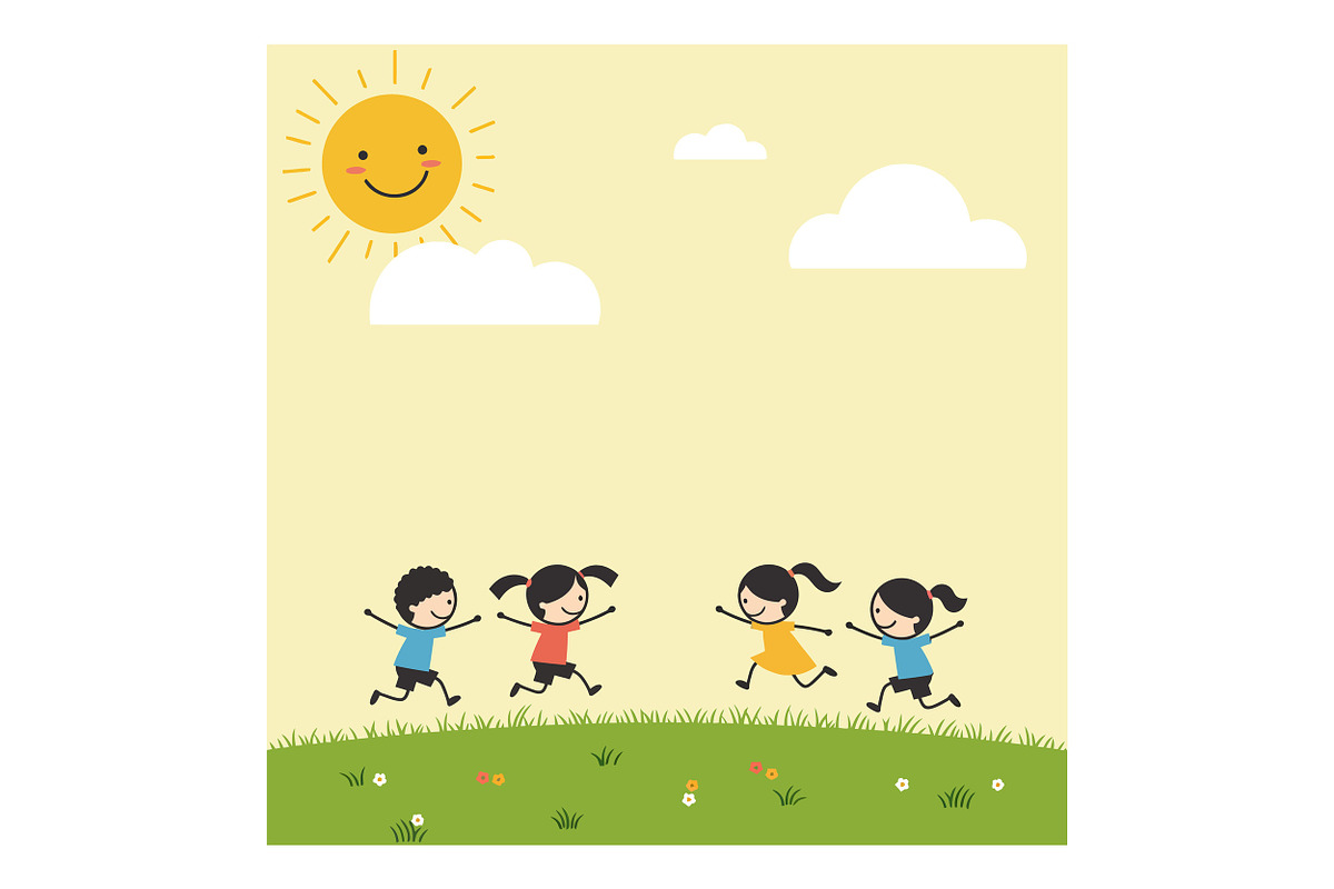 Four happy children running joyfully, an Illustration by designvectx