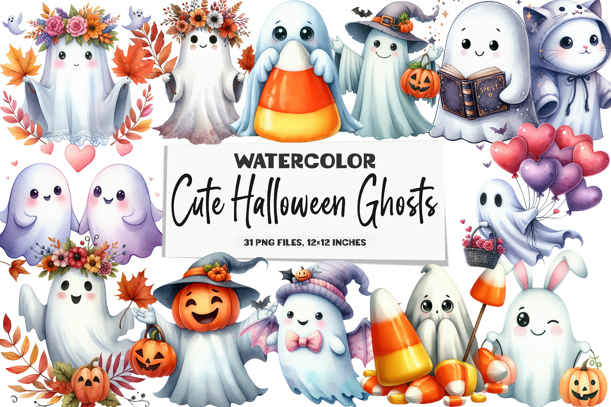 Cute Halloween Ghosts Clipart Bundle, an Illustration by DreamArtGraphic (Photo 1 of 4)
